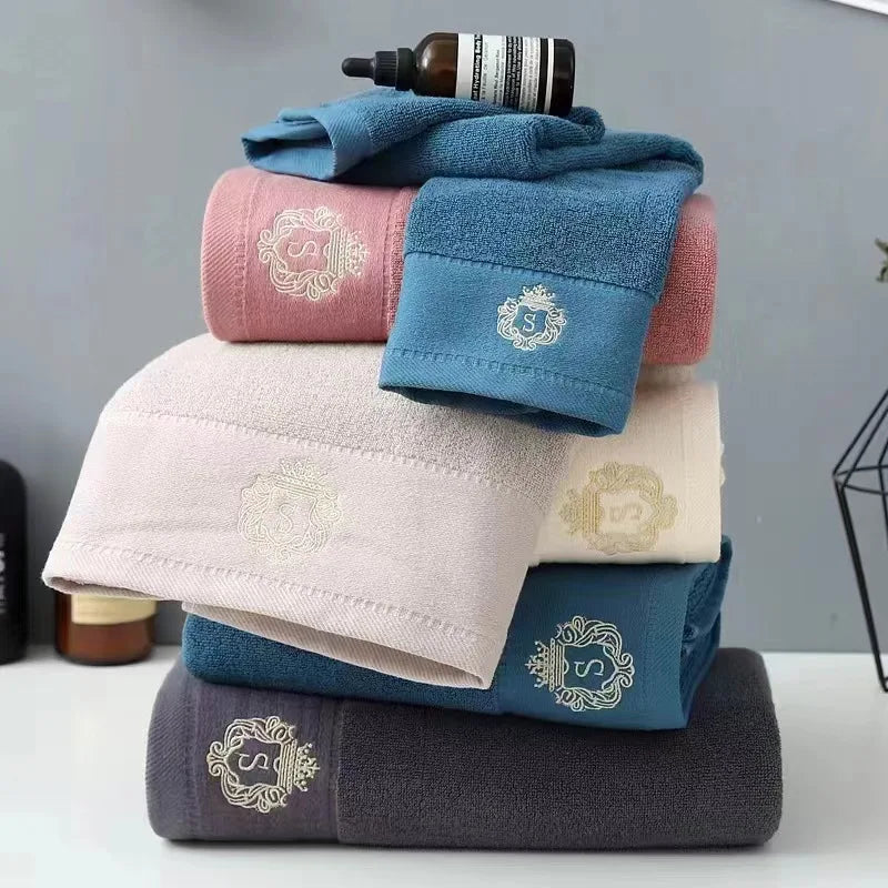 Inyahome Set of 3 Bathroom Cotton Towels Set Embroidered Luxury 2 Hand Towels 35x75cm and Big Bath Towels 70x140cm Washcloth