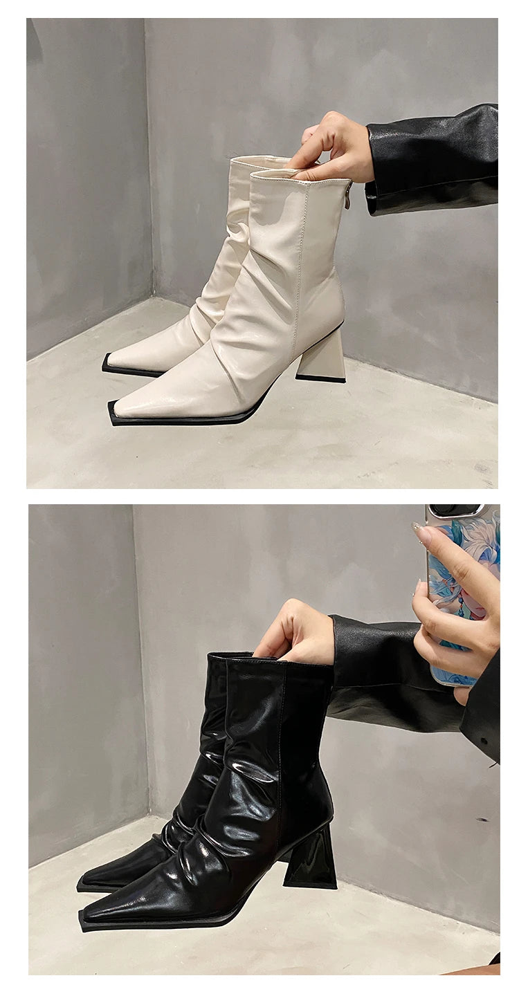 Horse Boots Female Ins Pointed Pink Skinny Boots 2023 Winter New Patent Leather Thick with Fashion High Heel Short Boots