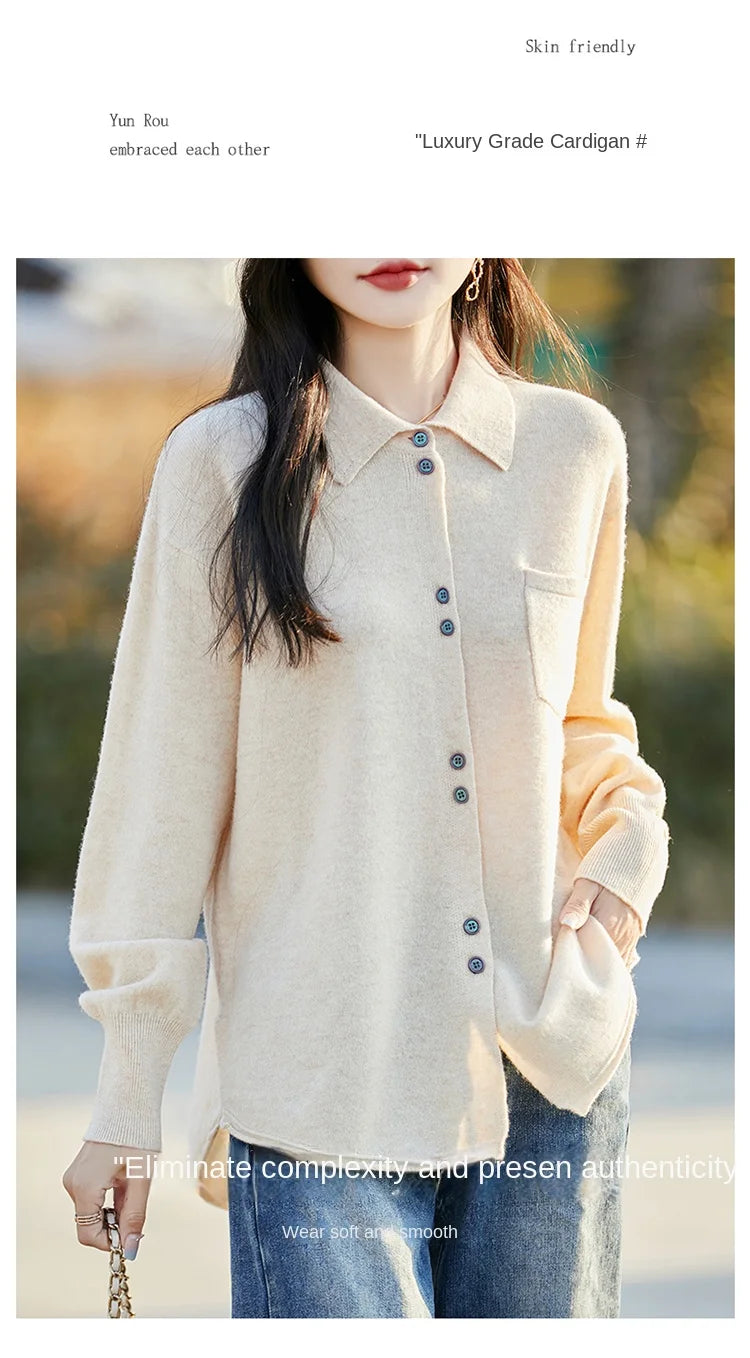 POLO Collar Wool Sweater 100 Pure Wool Spring And Autumn New Knitted Women Loose And Slimming Cardigan ZA682
