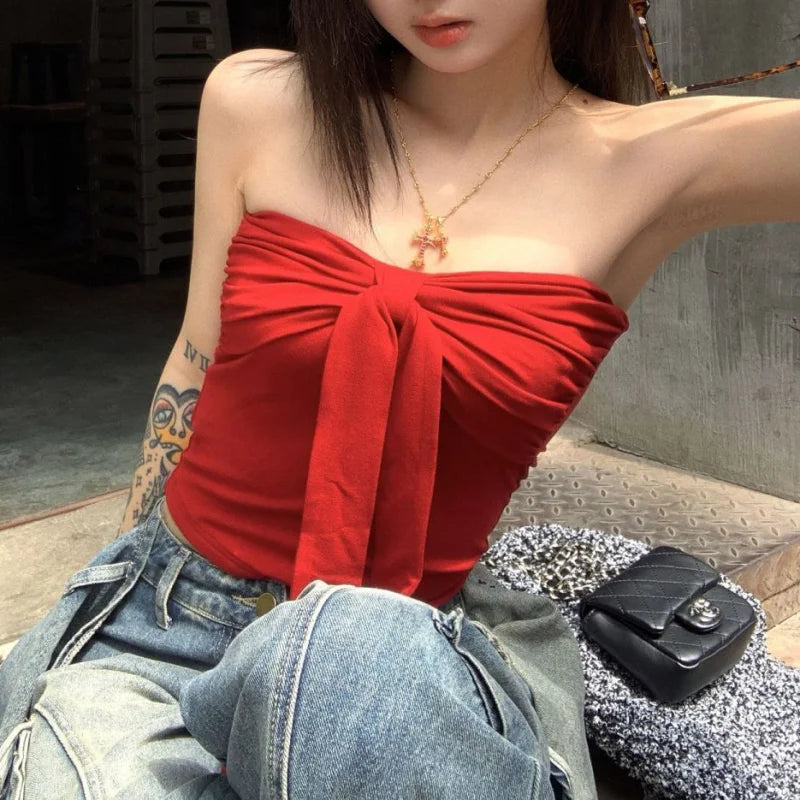 Sleeveless Top For Women Summer Slim Bow Crop Top Sexy Skinny Tube Tops Fashion Clothing Streetwear Girl