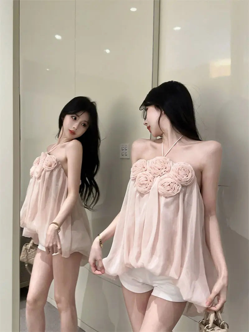 Summer Floral Strapless Tube Top Elegant Blouse Tank Lady Top Y2k Top Cute Fashion Corset Top Mesh Top Sexy Chic Tank Top Women