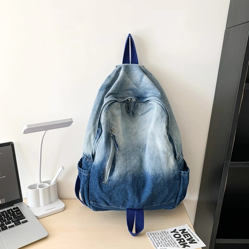 Men's and Women's Backpacks, Student School Bags, Large-Capacity Washed Denim Bags