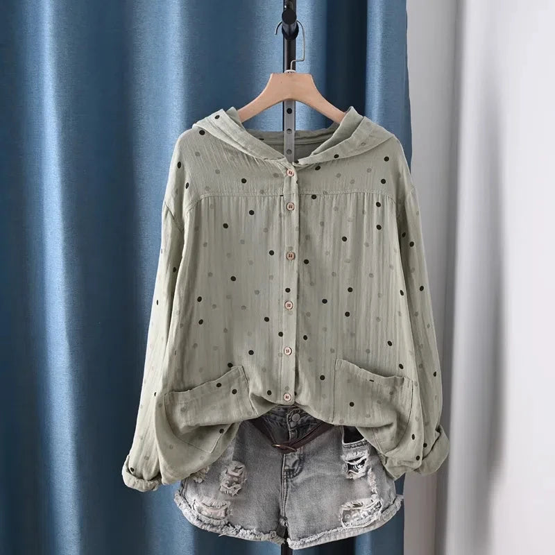 2025 Middle-aged women's clothing 100% cotton yarn hoodies polka dot print shirts long sleeve blouses for women hooded tops