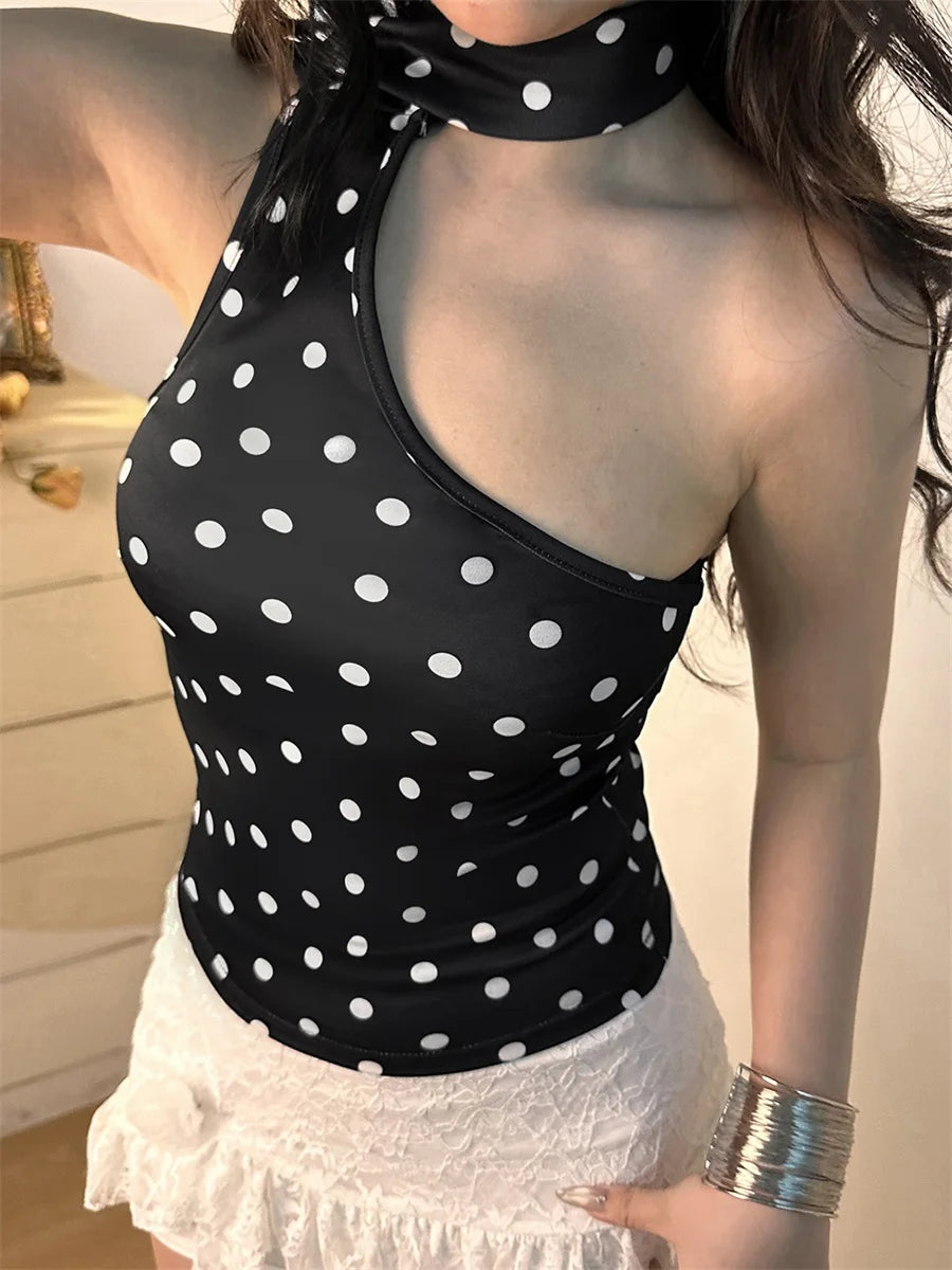 Women s Summer One Shoulder Tank Tops Sleeveless Open Back Halter Neck Dot Print Vest