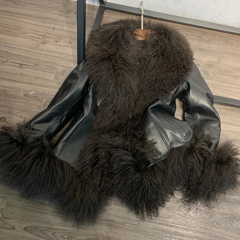 Sheep Collar Coats Women Winter Luxury Mongolian Fur Leather Jackets with Long Sleeve 7251