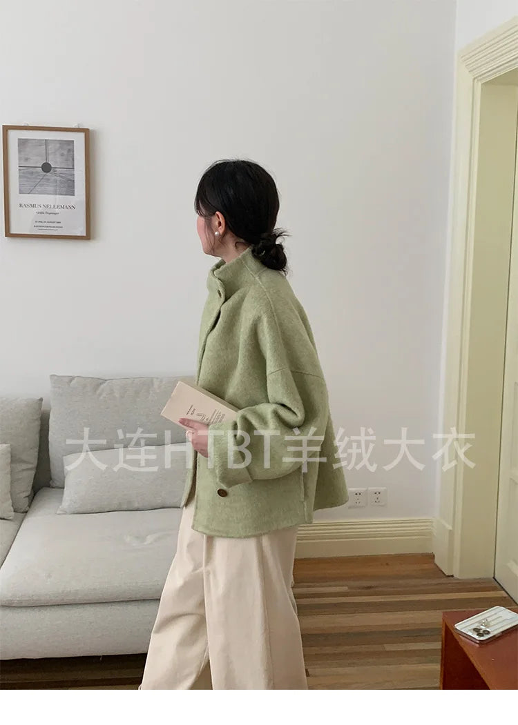 New Winter Short Woolen Coat Fashion Causal Warm Mulberry Silk Lapel Double-sided Wool Coat Loose Suit Jacket Female Tide Autumn