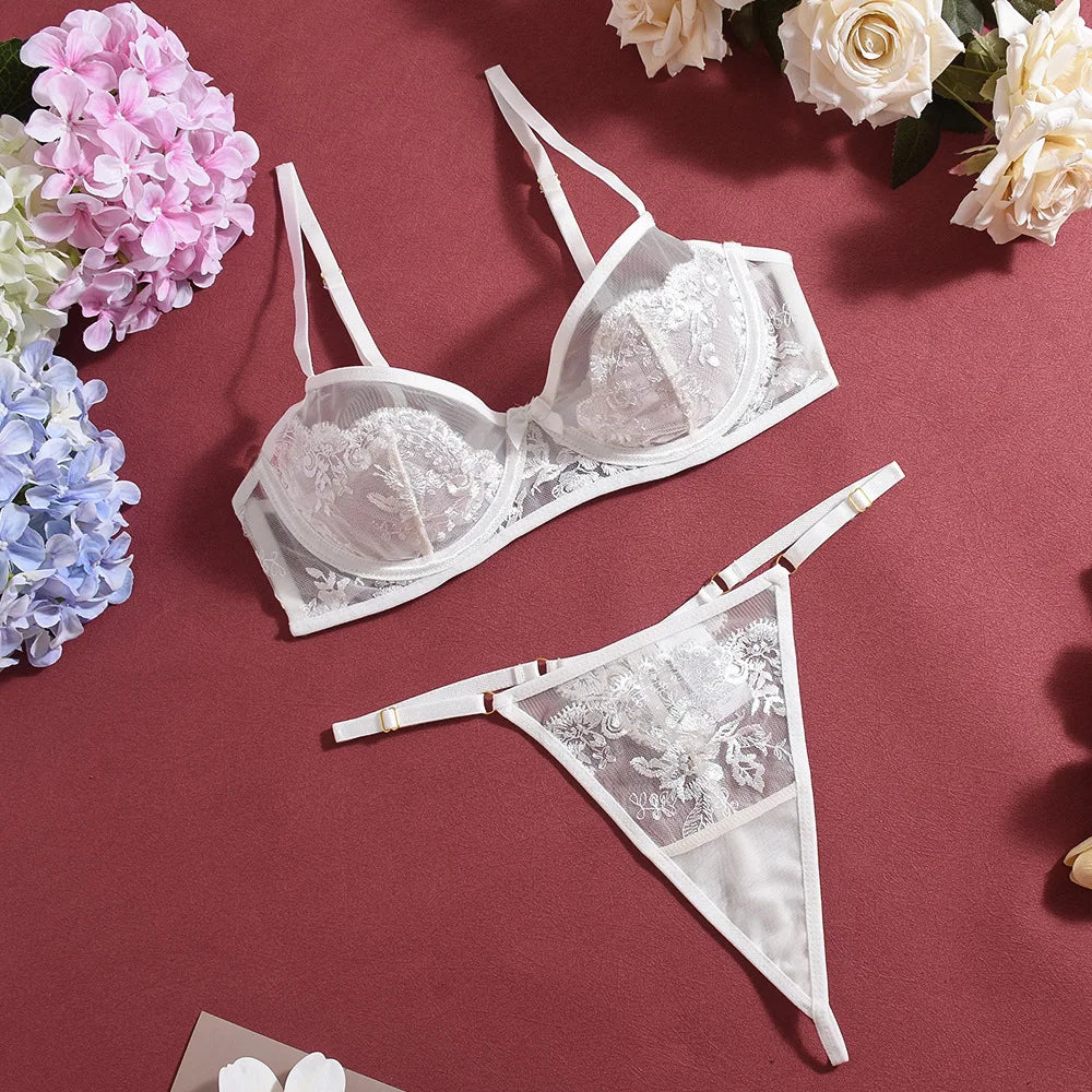 Lingerie Set Women Lace Bra Panty Garter Straps Sexy Underwear Transparent Mesh Intimate Wear Elegant Nightwear Bedroom Outfit