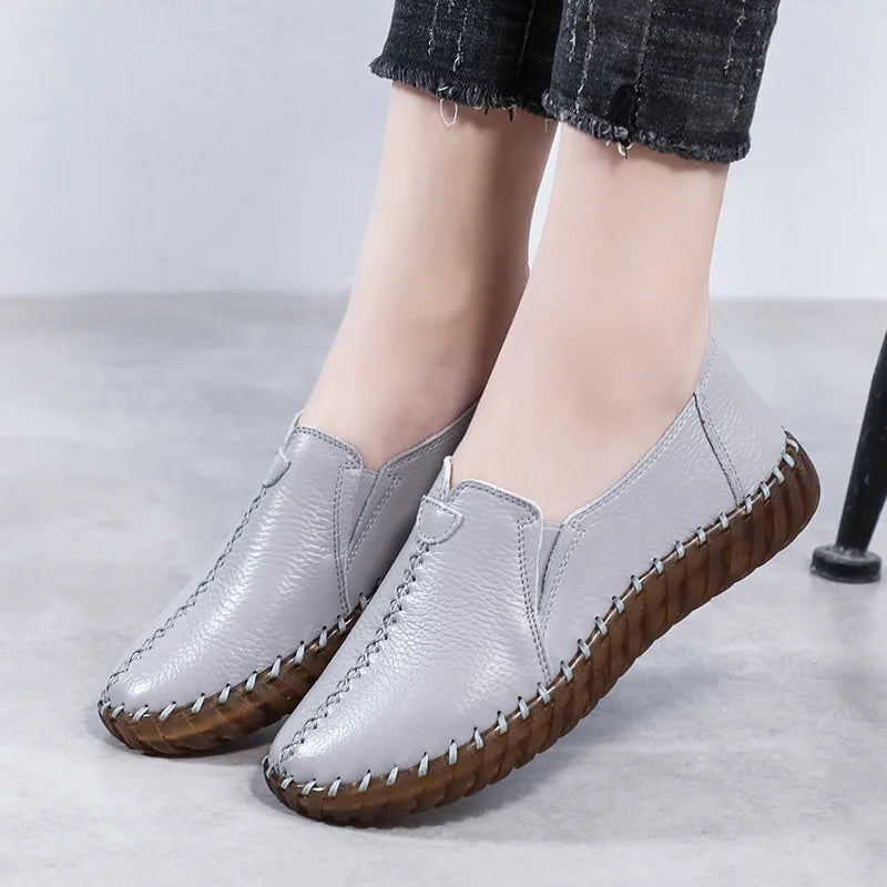 Autumn Wide Width Women Shoes Genuine Leather Ballet Flats Women's White Loafers Driving Moccasins Ladies Shoes For Foot Bones