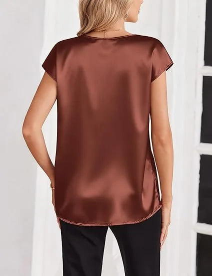 Women's Summer New T-shirt Casual V-Neck Short Sleeve Blouse Business Casual Tops Satins Silk Summer Shirt Work Solid Color Tops