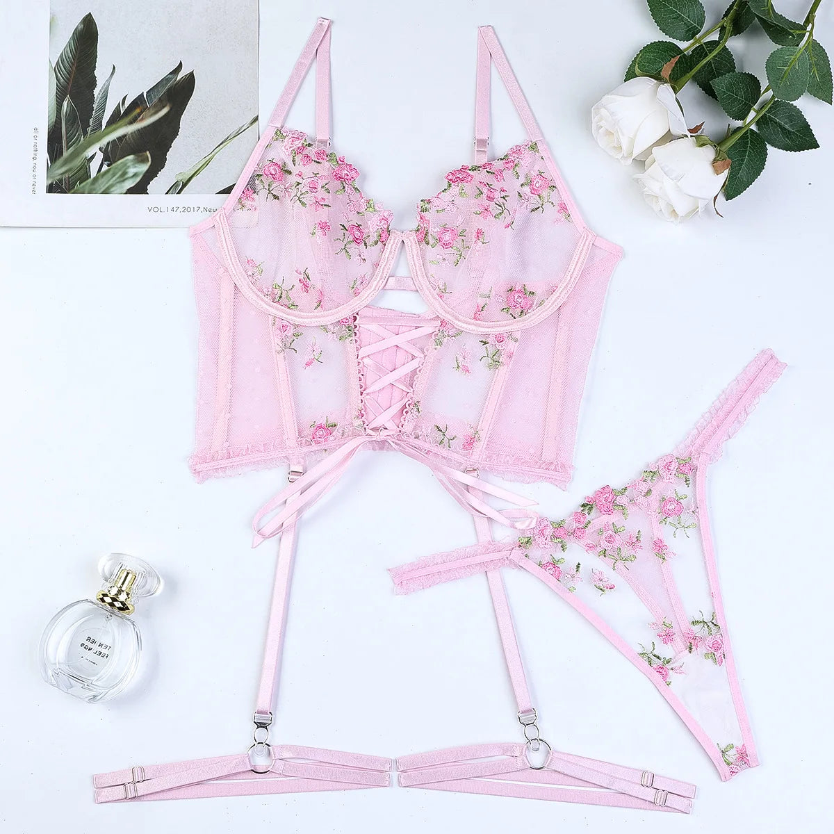 Lingerie Embroidery Printing Bra Garters Set For Women Mesh See- Through Hollow Out Exotic Sexy Underwear Suit