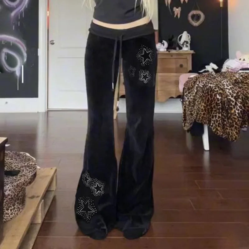 AltGoth Y2k Streetwear Gothic Velvet Pants Women Dark Cyber Punk Harajuku Grunge Pentagram Printed Low Waist Stright Pants Femme