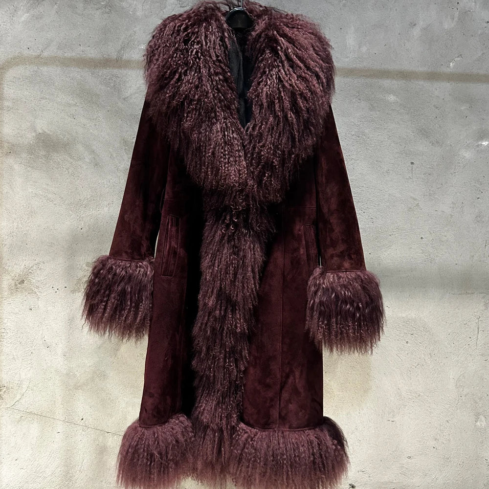 Winter Suede Long Fur Coat Mongolia Long Sheep Fur Collar New Arrival Camel Fur Jacket