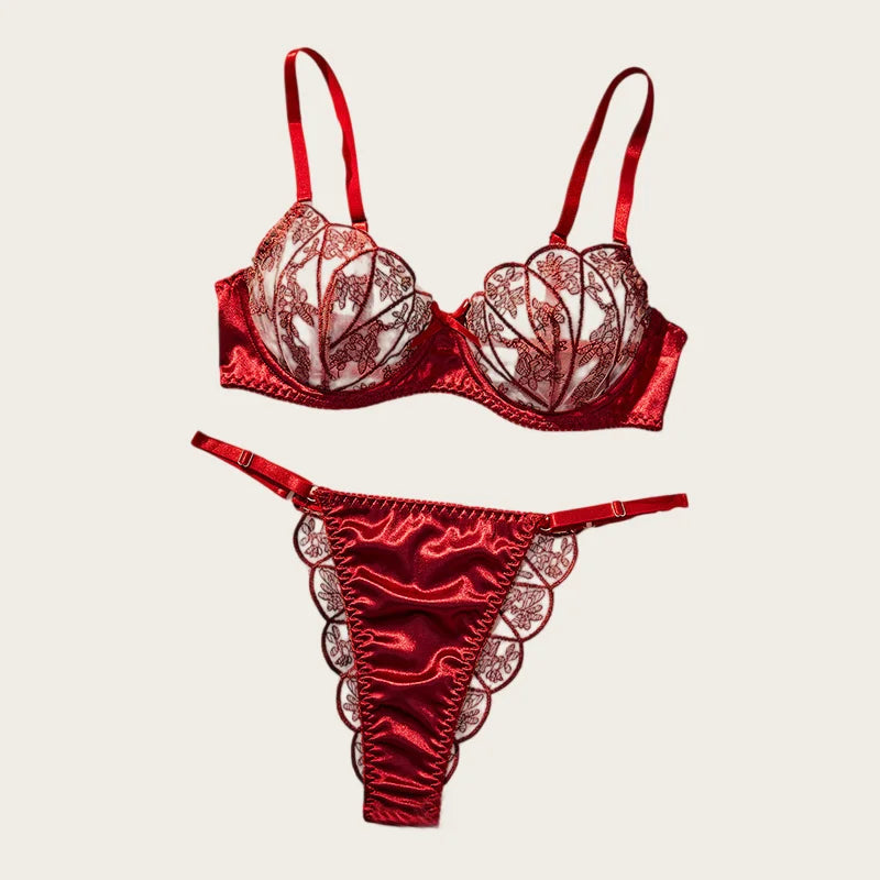 Lingerie Ultra Sexy Mesh Splicing Female Underwear Romantic Erotic Lingerie Luxury Intimate Sexy Adult Burgundy Bra Panties Sets