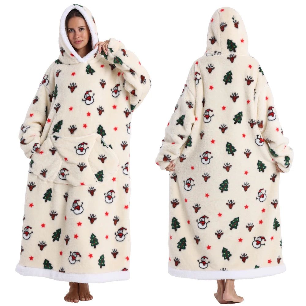 Extra Long Women Halloween Blankets with Sleeves Winter Plush Fleece Homewear Christmas Pajamas Adult Warm Oversized Hoodies