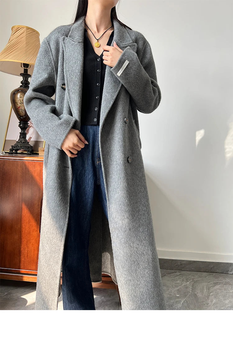 Office Lady Woolen Jackets 2024 Autumn And Winter Suit Collar Double Breasted Warmer Yak Hair Loose Long Women's Wool Coats