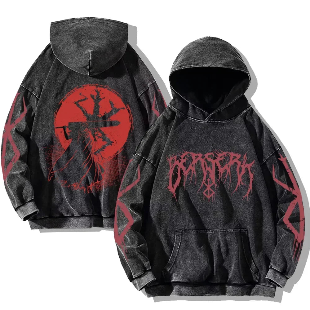 Vintage Anime Washed Hoodies Cotton Men Women Retro Long Sleeve Pullover Casual Oversized Hooded Sweatshirts Hip Hop Streetwear