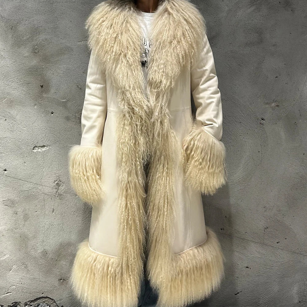 Winter Suede Long Fur Coat Mongolia Long Sheep Fur Collar New Arrival Camel Fur Jacket