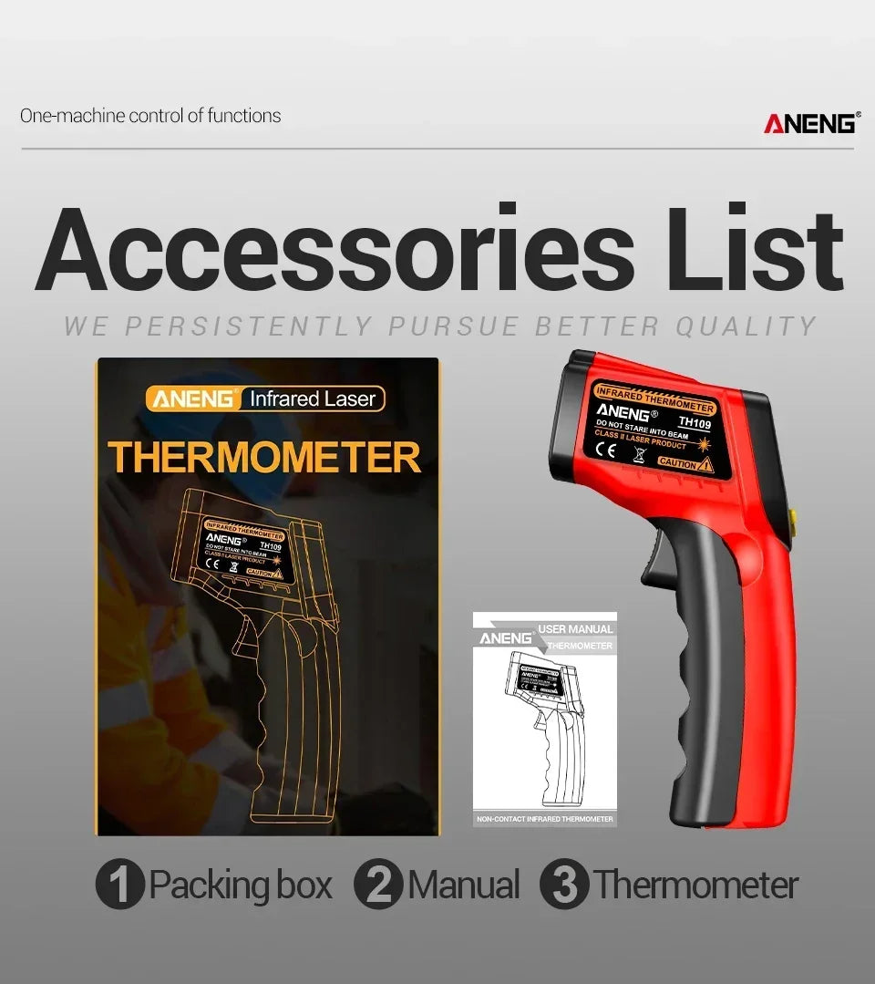 ANENG TH109 Red Laser Thermometer Object Distance Ratio12:1 Non-contact  Temperature Meter -50~400℃  Pyrometer Tester Hygrometer