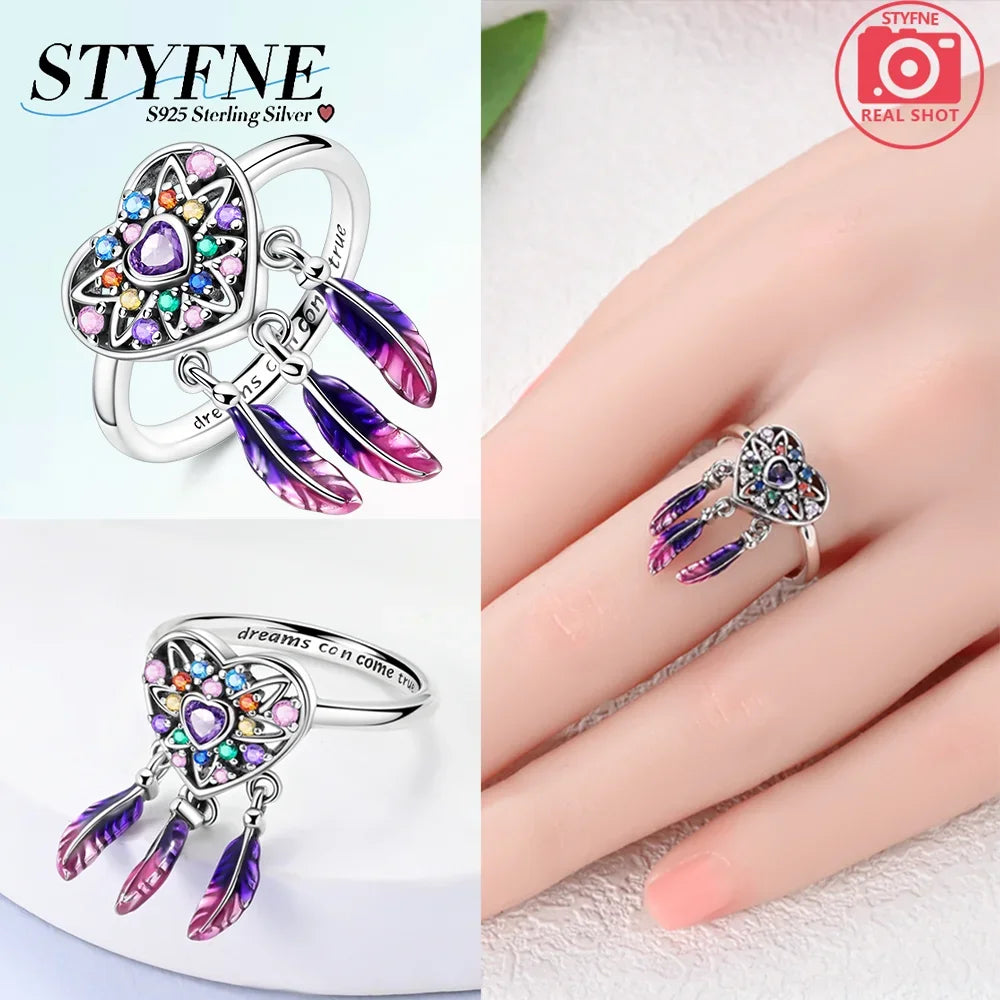Sterling Silver 925 Sun Moon Heart Shiny Zircon Original Finger Ring Luminous Dreamcatcher Rings for Women Fine Jewelry Gifts
