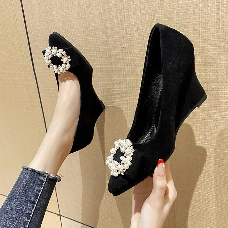 Slope Heel Fashion Shoes Women Spring New Water Diamond Pointed Shallow Mouth Soft Sexy High Heels Women Black Retro Footwear 43