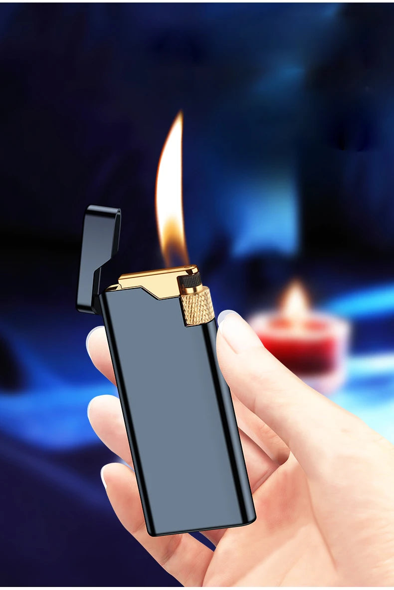 New Personality Portable Metal Slender Wheel Lighter Butane Gas Open Flame Lighter Mini Cigarette Lighter Gadget Men's Gift
