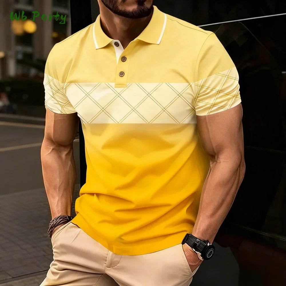 Summer men's polo men's casual short-sleeved polo shirt with striped color block design, sporty polo style collar polo shirt for