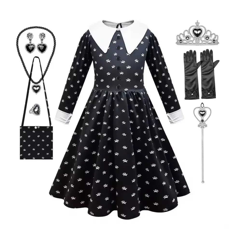 Black Dress Girls TV Series Role Playing Halloween Costume Toddler Adams Weirdo Family Cosplay Apparel