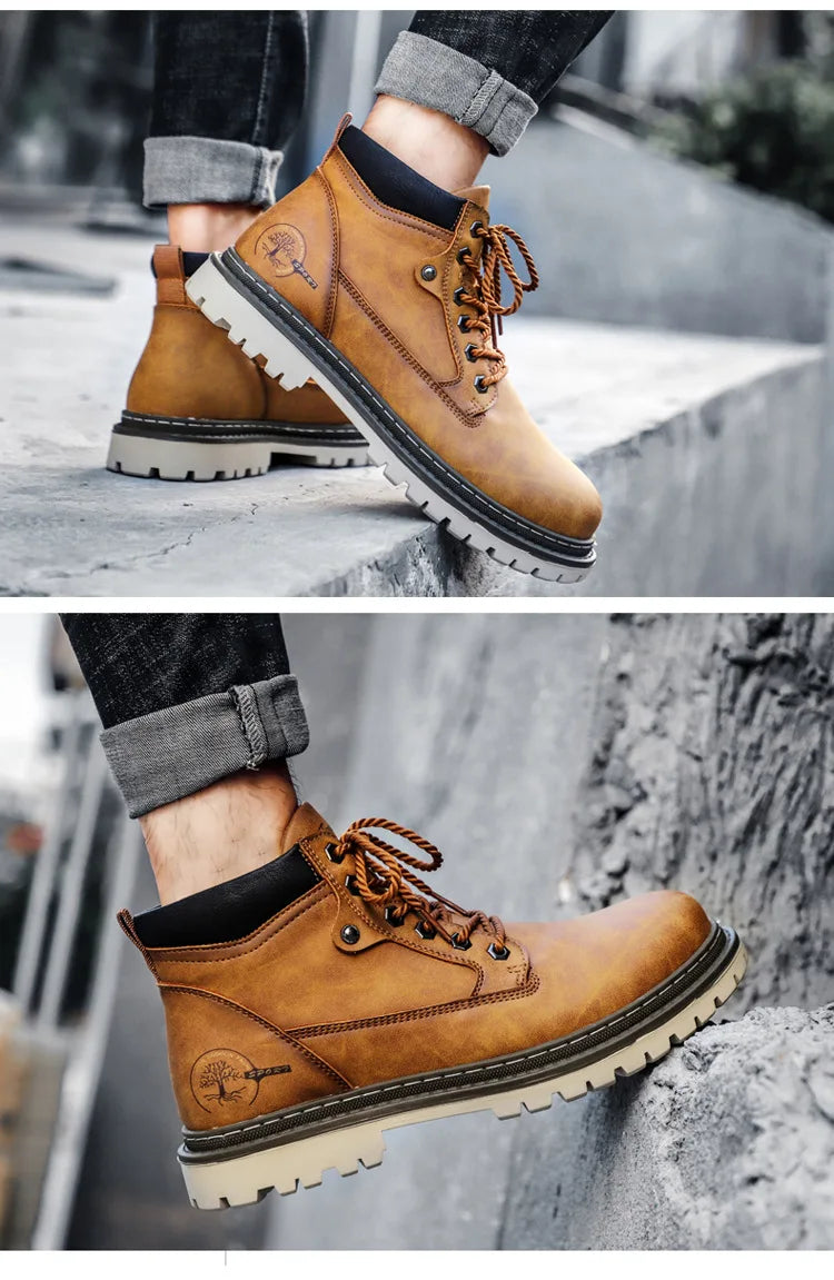 Men's High-Top British Style Motorcycle Boots Durable Cowboy Ankle Shoes Rugged Casual Non-Slip Leather Outdoor Work Footwear