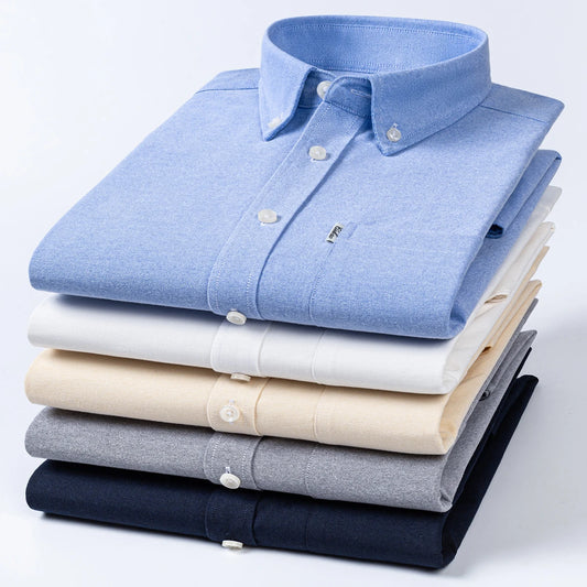Men's Hard-wearing Comfortable 100% Cotton Long Sleeve Dress Shirt with Pocket, Spring Autumn Casual Oxford Button-Down Shirts