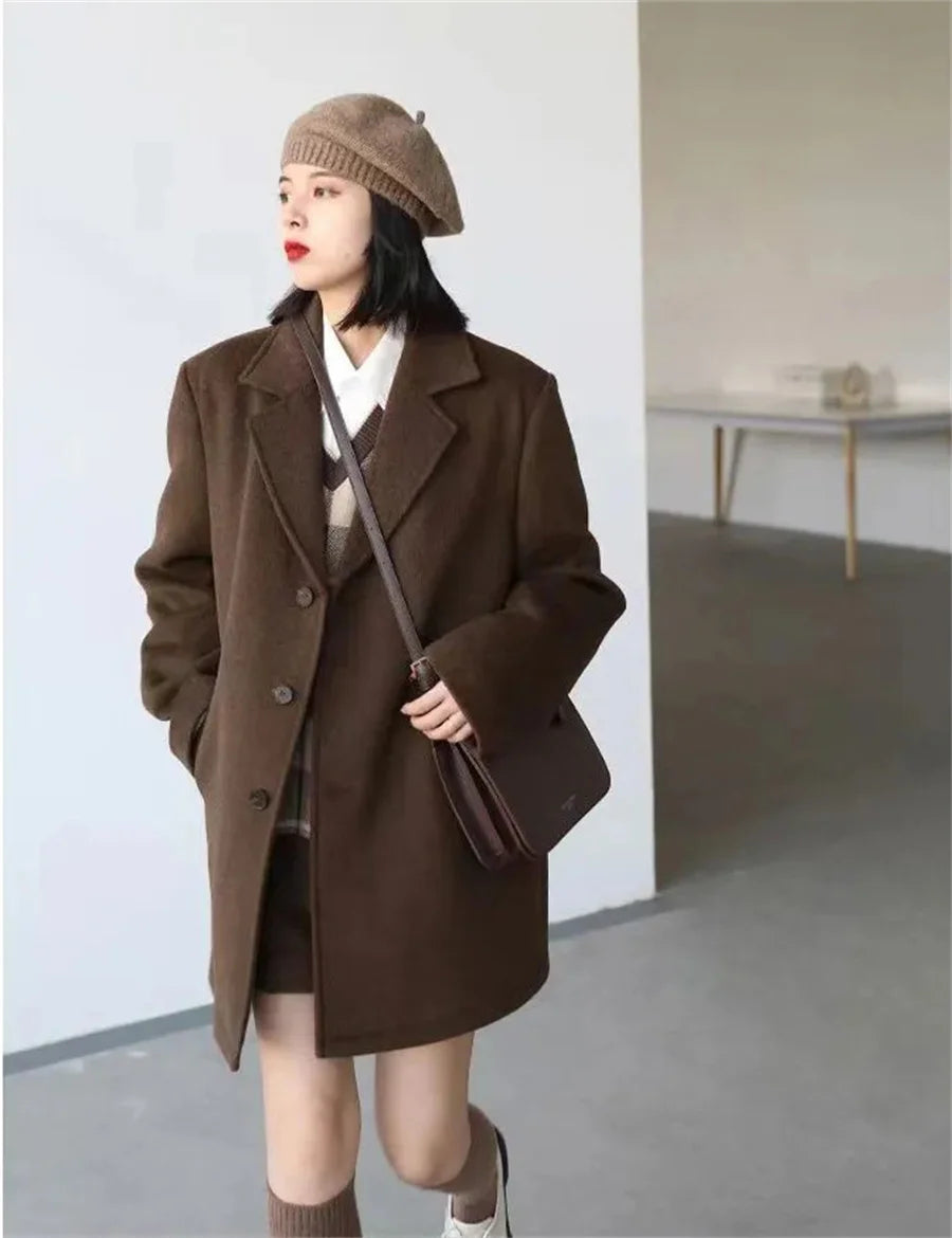 Korean Warm Mid Length Woolen Suit Coat Thick V Neck Women New Loose Parkas Winter Single Breasted Wool Blend Jackets Casaco