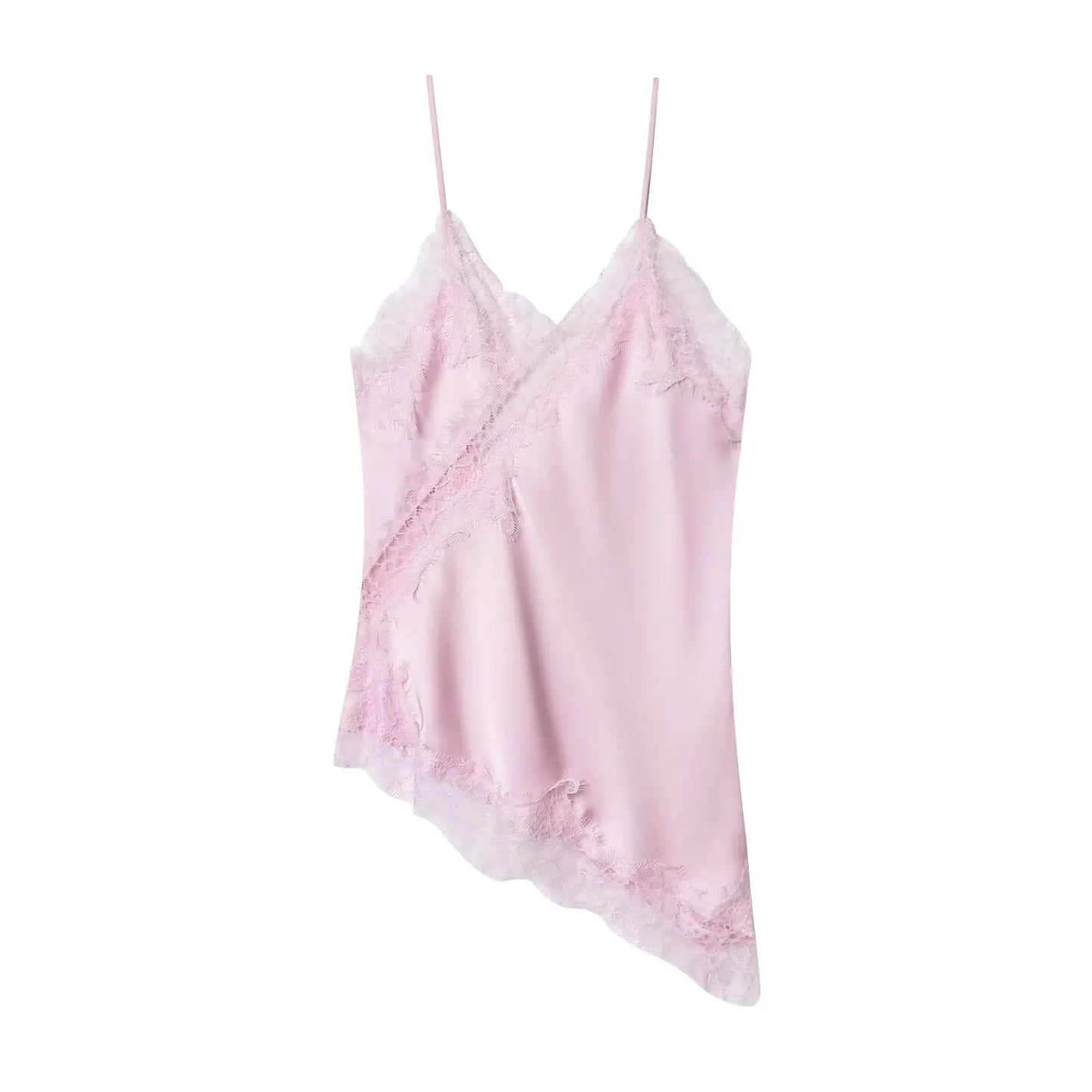 HH Summer Women Chic Sexy Lace Spliced Suspender Tops Woman V-neck Sleeveless Backless Hollow Asymmetrical Hem Design Top