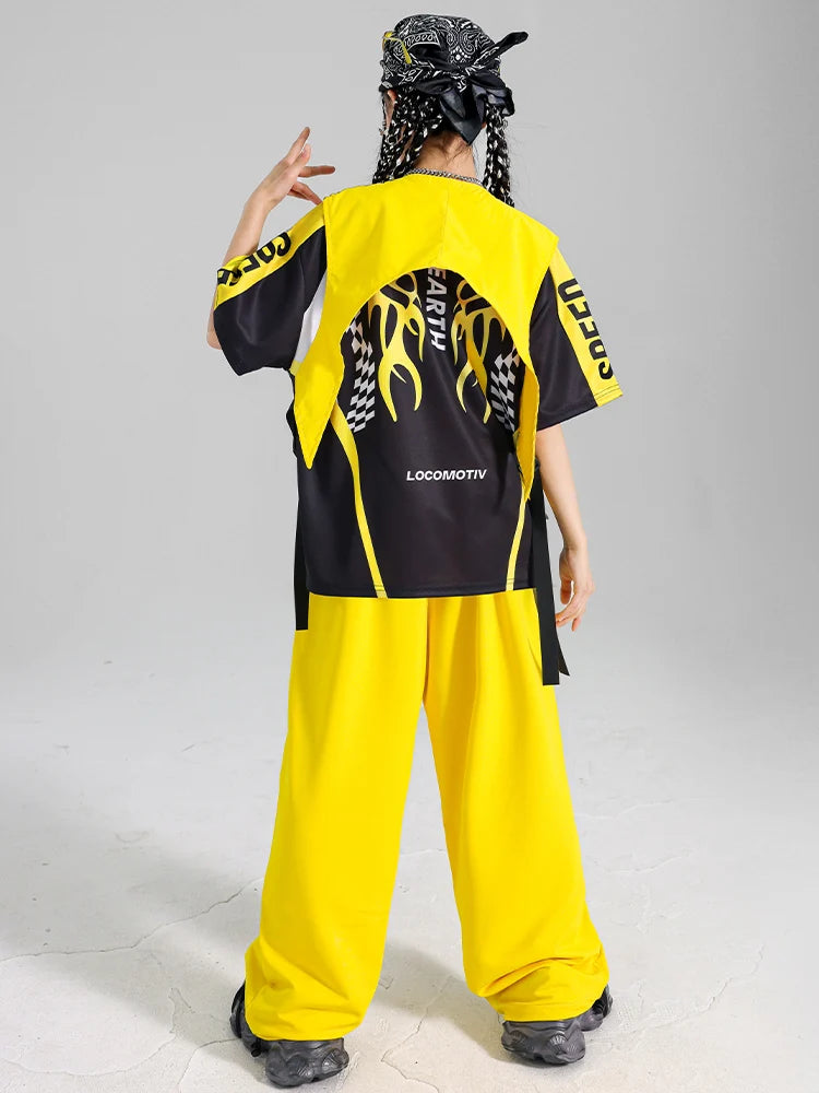 Boys Hip Hop Contrast T-shirt Yellow Vest Sweat Pants Girls Street Dance Jazz Costume Children Clothes Set Kids K-pop Streetwear