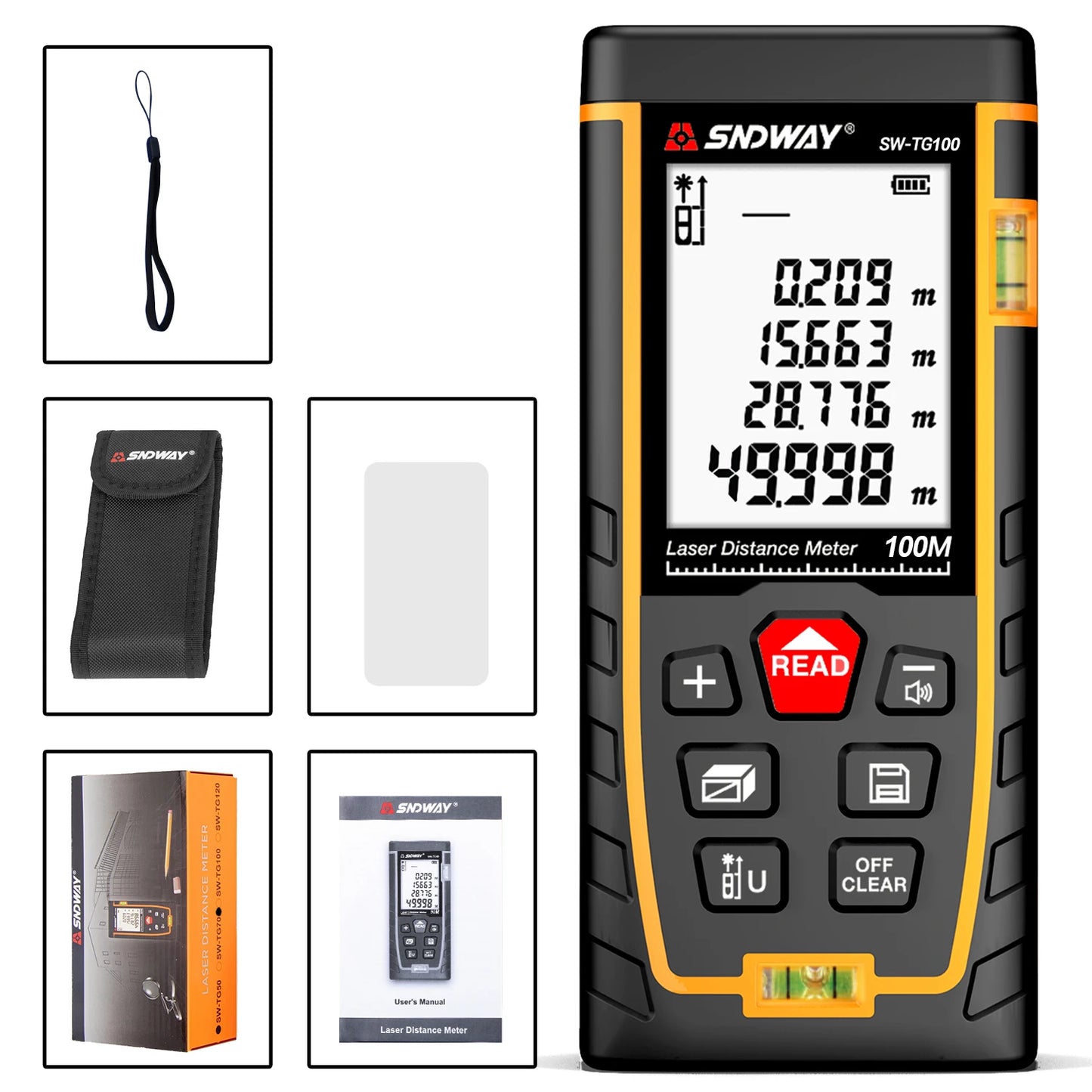 SNDWAY Laser Distance Meter Double Bubble Rangefinder Measure Tape Laser Diastimeter 50M Laser Range Finder