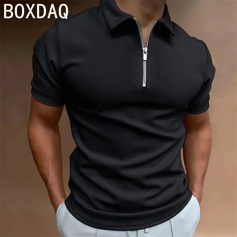 Men's Solid Color Polo shirt Fashion Casual Short Sleeve Lapel Zip Collar Sport Polos Men's Summer High Quality Harajuku Tops