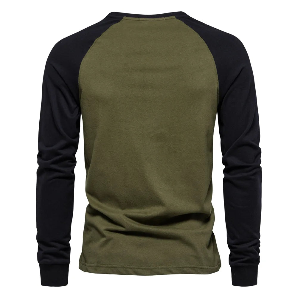 New 100% Cotton Men T-shirts Long Sleeve Splicing Tops Spring Autumn Casual Streetwear O-neck Slim Tees Men's Bottom T-shirt