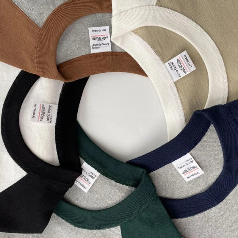 Mens 100% Heavy Cotton T-Shirt 300gsm Oversized Casual Stitching Color Tee Round Neck Loose Fit Knitted Tops Fashion Streetwear