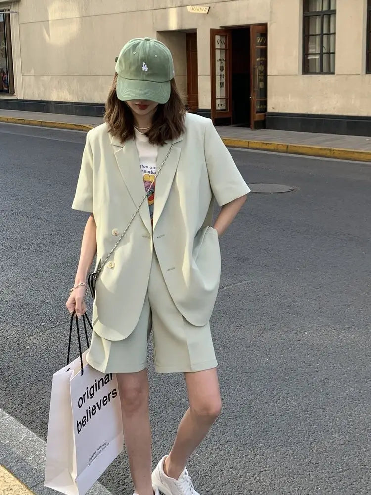 Pant Suits 2025 Spring and Summer Thin Casual Loose Short Sleeved Suit Jacket Women Suit Two-piece Set