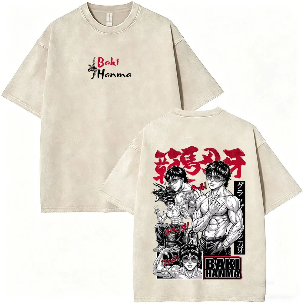 Washed Vintage Anime Baki Hanma Wake Up T-shirt Men Women Retro Manga Oversized T-shirts Men's Casual Cotton T Shirts Streetwear
