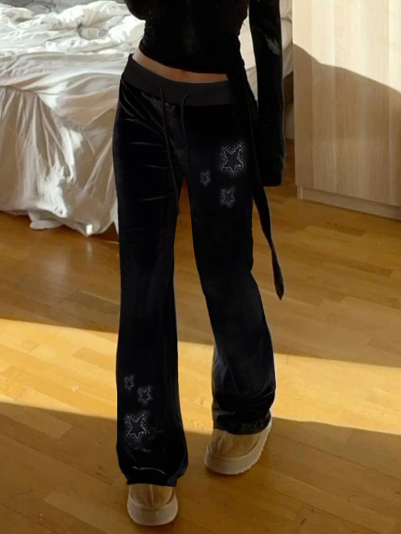 AltGoth Y2k Streetwear Gothic Velvet Pants Women Dark Cyber Punk Harajuku Grunge Pentagram Printed Low Waist Stright Pants Femme