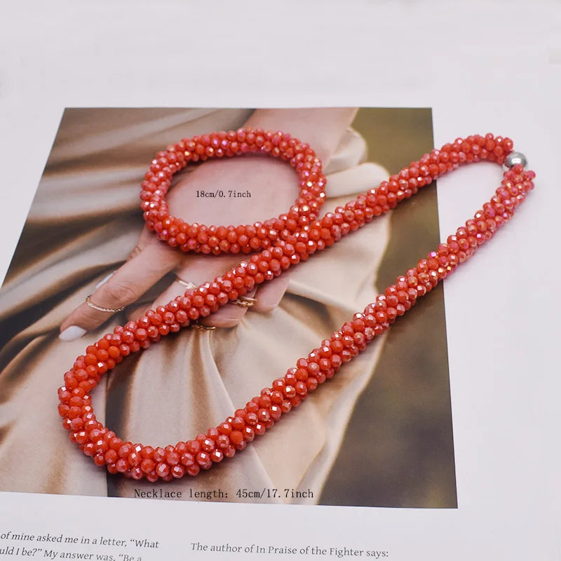 New Woven Bead Necklace Glass Beaded Bohemian Statement Necklace Bracelet Hair Accessory Set For Women Jewelry Gift