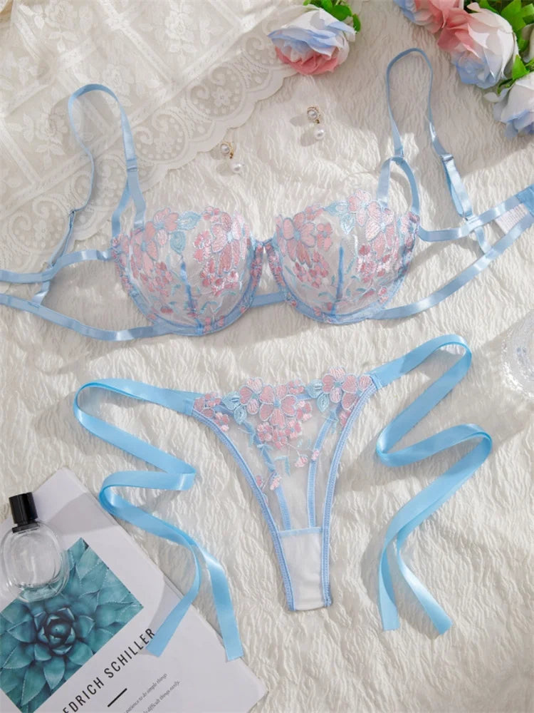 Lingerie Ultra Sexy Beautiful Female Underwear Tulle Fairy Exotic Sets Delicate Embroidery Bra and Panty Set Youth Sexy Lingerie