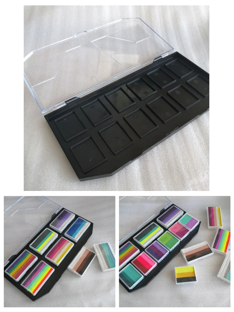 12 Grids Rainbow Split Cake Face Body Paint Art Painting Pigment Plastic Empty Palette Tray with Lid