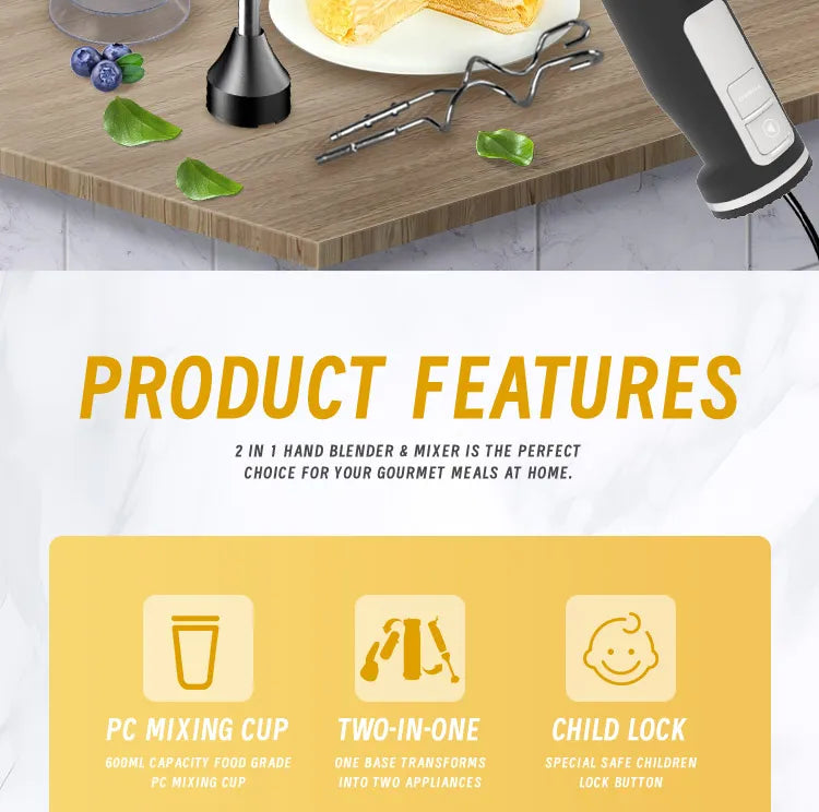 Manual Hand Blender 800 Peak Watt 1 Speed Immersion Blender And 7 Speed Hand Mixer Easy Glide Hand Blender Electric 600ml