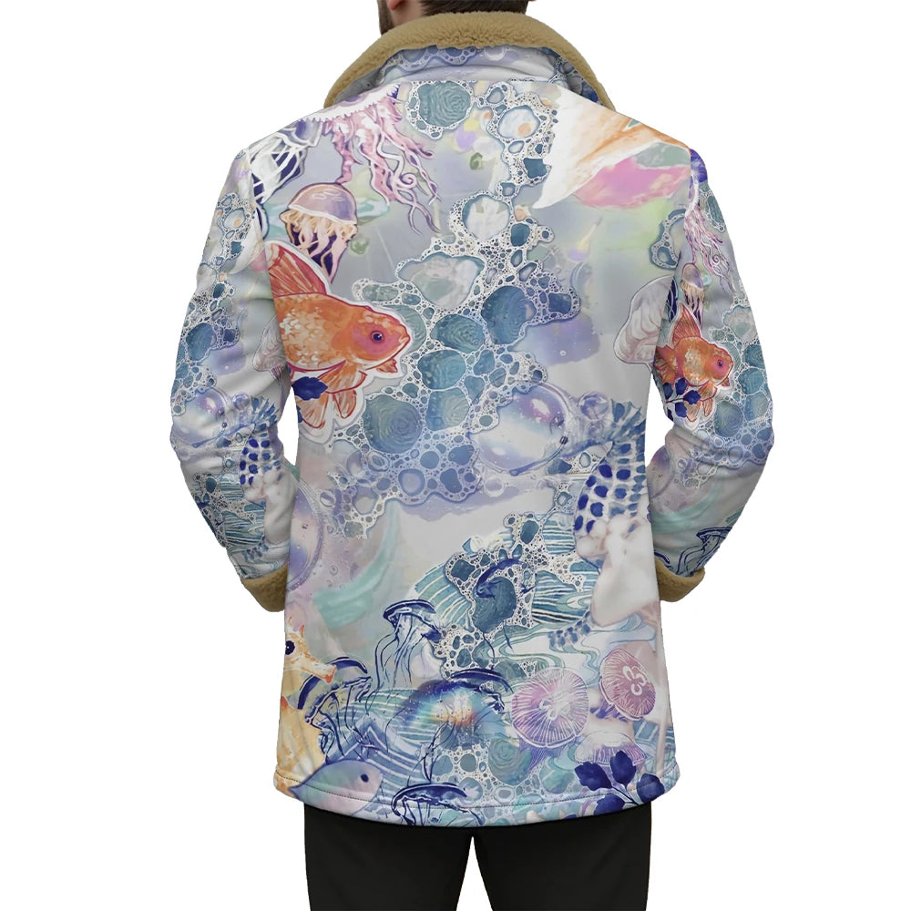 Winter Aesthetic Jacket Marine Life Print Long Coats Whale Turtle Jellyfish Pattern Faux Fur Collar Unisex Coastal Style