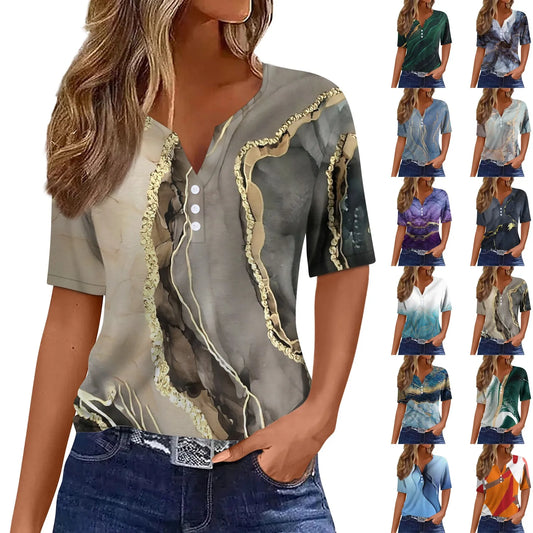 Summer Women T-Shirts 3D Fashion Print Gradient Harajuku T Shirt Oversized Tees for Ladies Clothing New Short Sleeve V-Neck Tops