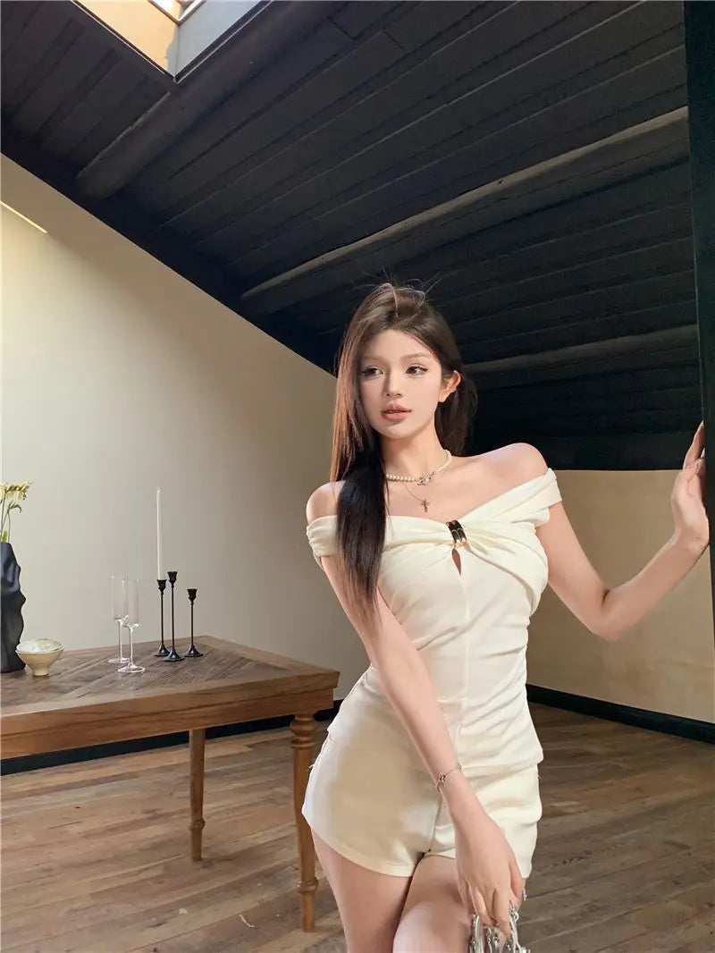 Summer Solid Color Sexy Off Shoulder Tops Lace Up Sleeveless T-Shirt Casual Slim  Top Black Short Sleeve Wome