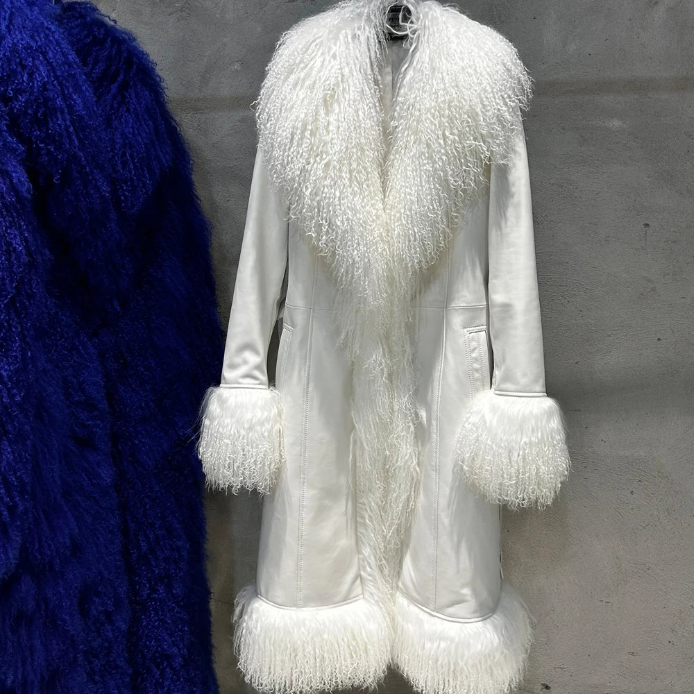 Winter Suede Long Fur Coat Mongolia Long Sheep Fur Collar New Arrival Camel Fur Jacket