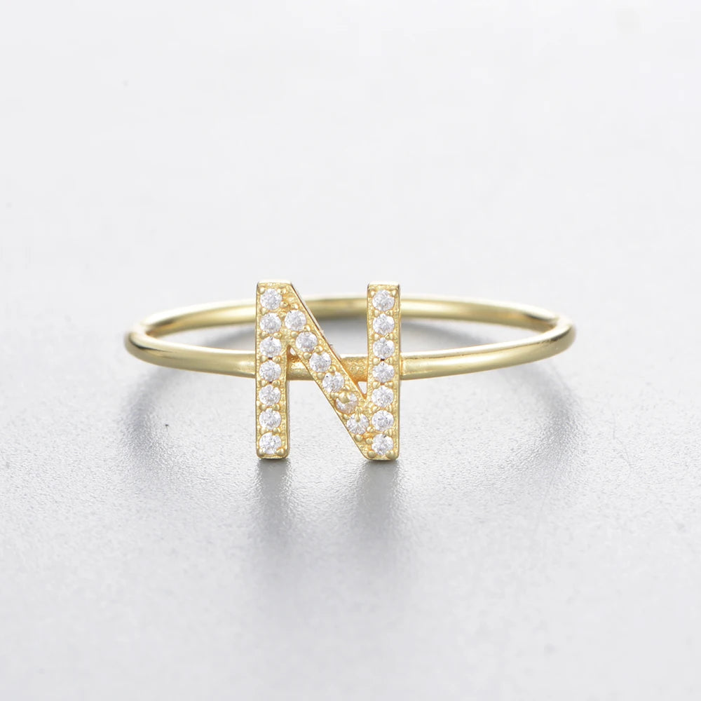 925 Sterling Jewelry A-Z 26 Letters Name Initial Rings Gold Plated Silver Fashion Simple S925 Ring Zircon Round Brilliant Cut