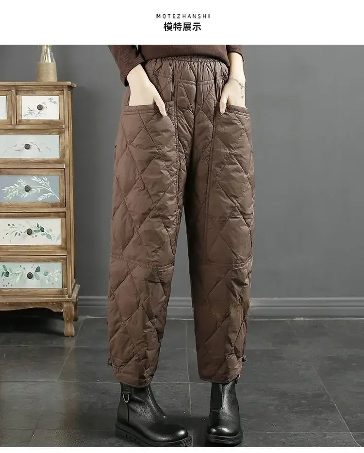 Vintage Quilted Pants Women Winter Warm Trouser Cotton-padded Pants Casual Design Pockets Elastic Waist Korean Chic Black Pants