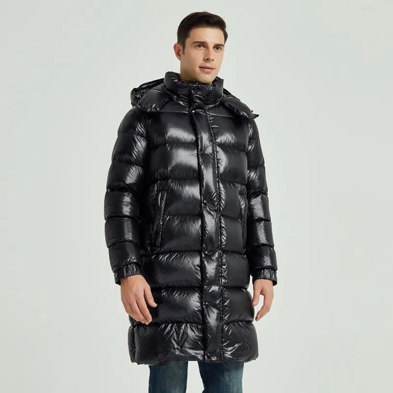 Black Glossy Mans Long Down Jacket - Suitable For -30°C, Windproof Men's Padded Jackets, Streetwear-inspired Padded Snow Coat